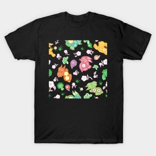 Playful bunnies with cherry blossom,  radish and cabbage seamless repeat pattern T-Shirt